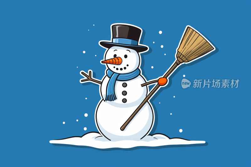 卡通雪人在暴风雪中戴着扫帚和帽子图片