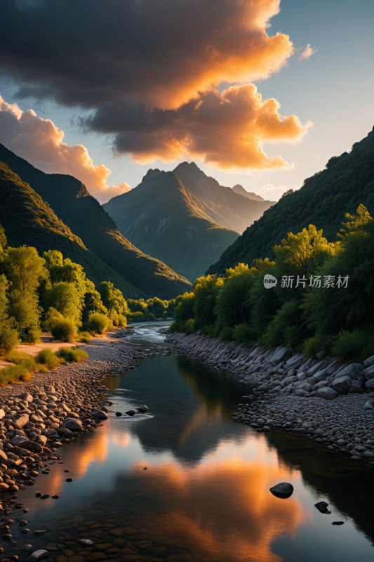 日落时分山脉倒映在河水中高清风景图片