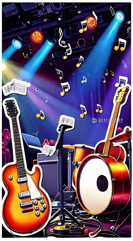 舞台灯光下的吉他与鼓