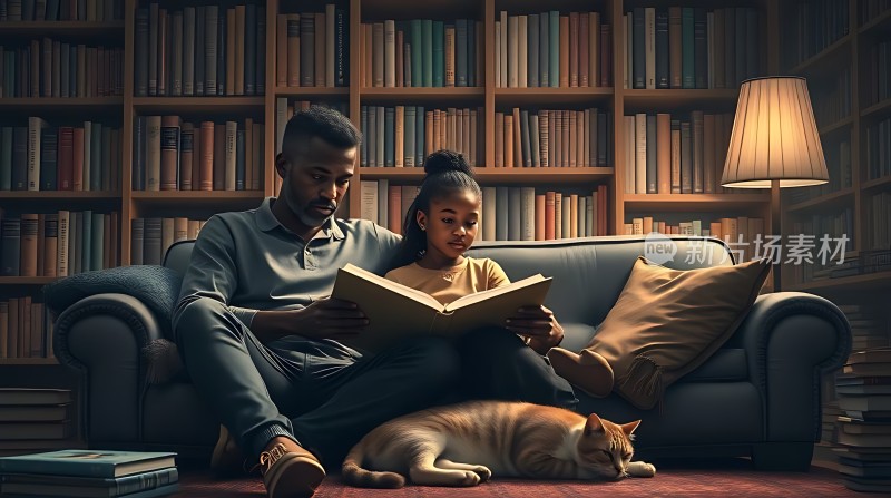 父子共读温馨时光猫咪陪伴书香四溢
