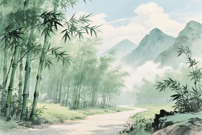 山水竹林风景插画