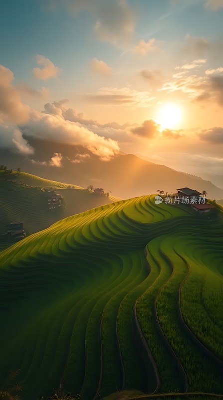 梯田晨曦阳光洒满山谷