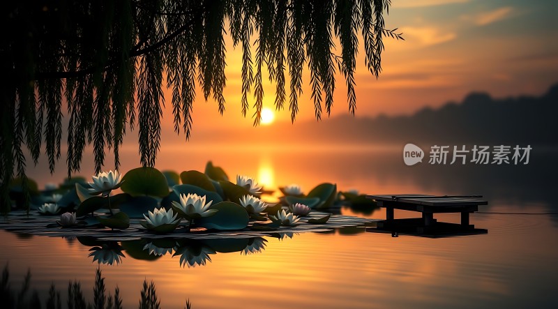 湖畔落日映荷花