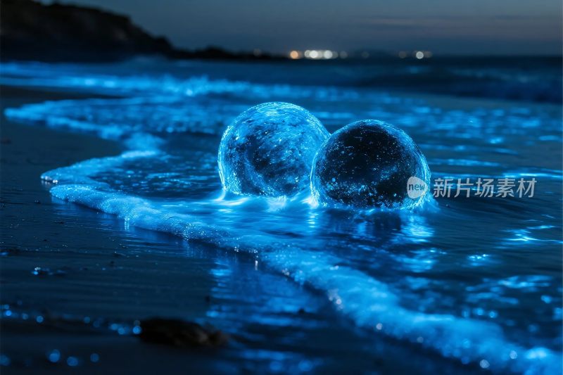 海边夜光蓝冰球梦幻景象