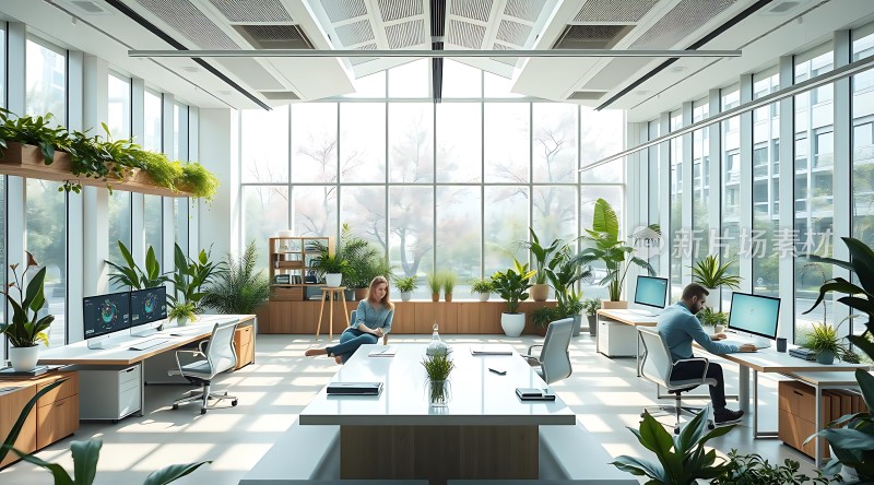 现代办公空间绿意盎然的工作环境