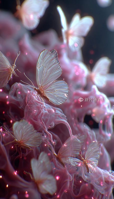 梦幻粉色花丛中的轻盈蝴蝶