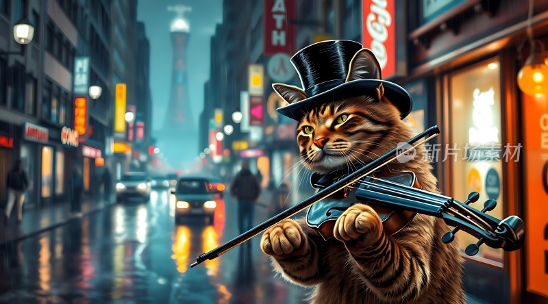 夜晚街头猫咪演奏小提琴