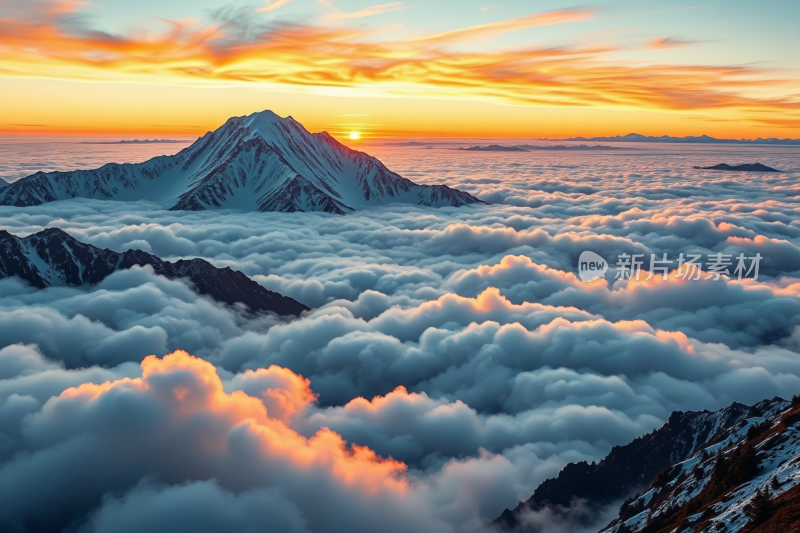 日落时分山下一座山峰和云彩风景风光图片