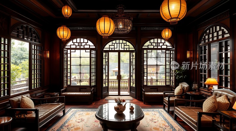 古风雅室木制家具与灯笼营造温馨氛围
