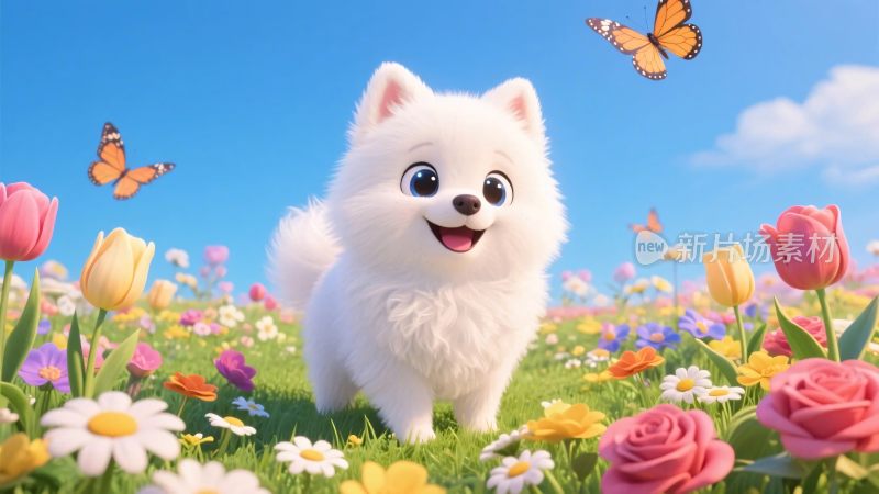 可爱小狗与鲜花蝴蝶