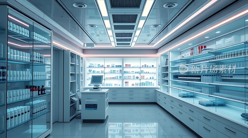现代药房整洁明亮药品陈列整齐环境舒适宜人
