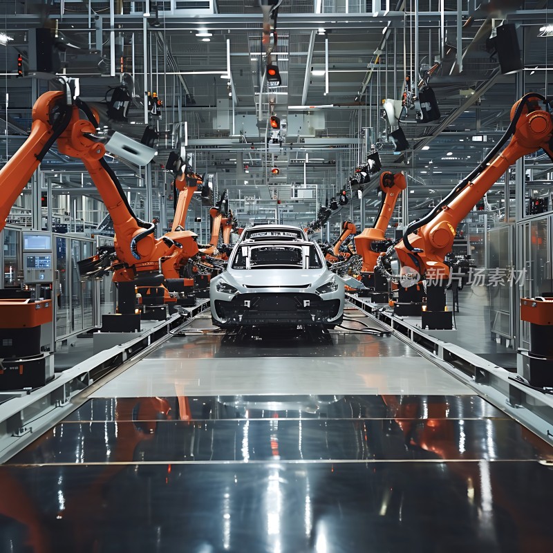 工业自动化生产线上的白色汽车与橙色机械臂