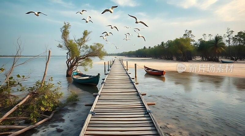 海边的木栈道与飞翔的海鸥