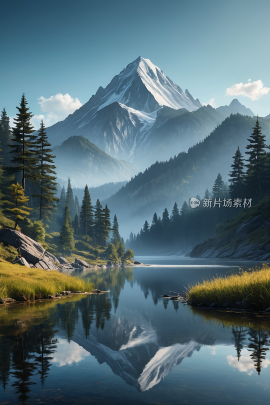 山倒映在湖的静水中高清风景插图片