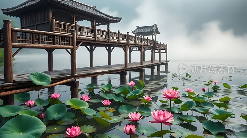 湖畔凉亭映荷花