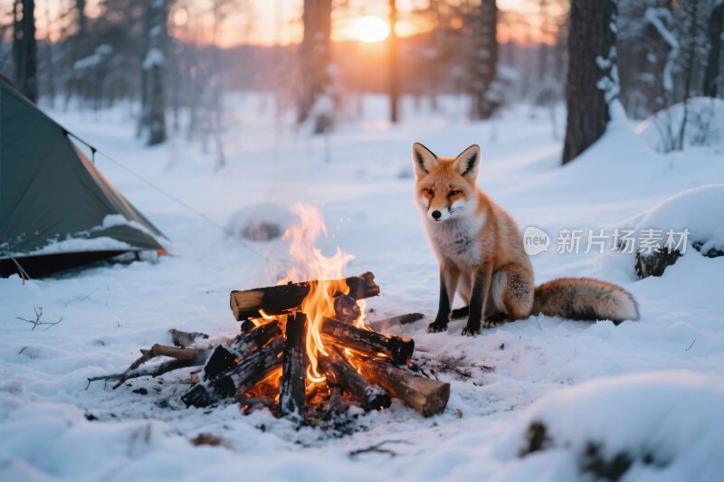 雪地篝火狐狸景色