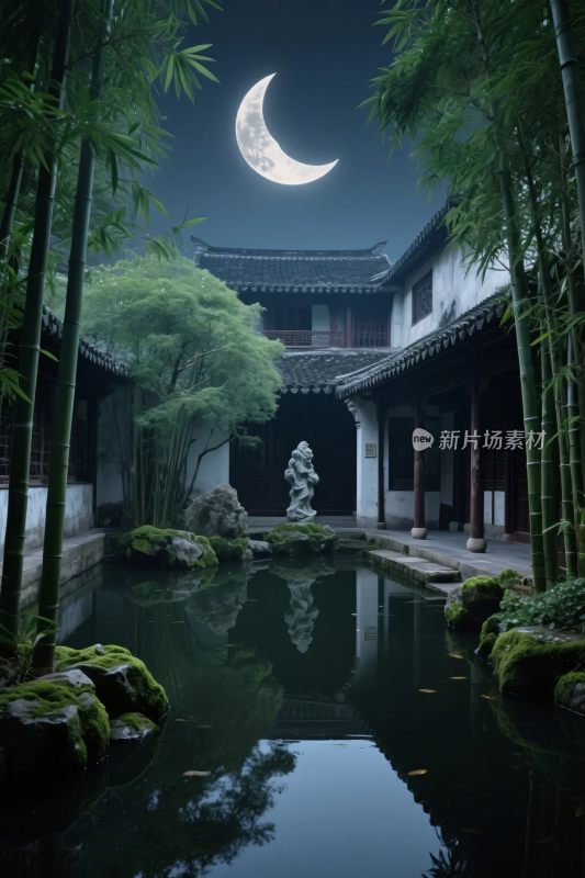 古宅竹林月夜景