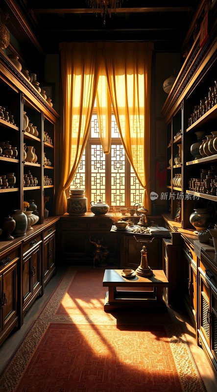 阳光下的古董瓷器陈列室