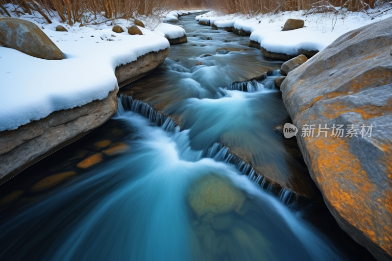 扫射雪林中两块大岩石之间流动的水流图片