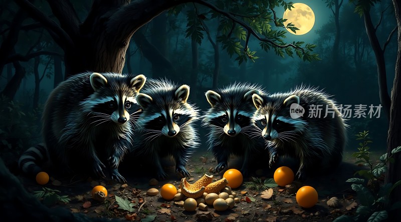 三只浣熊在夜晚森林中觅食