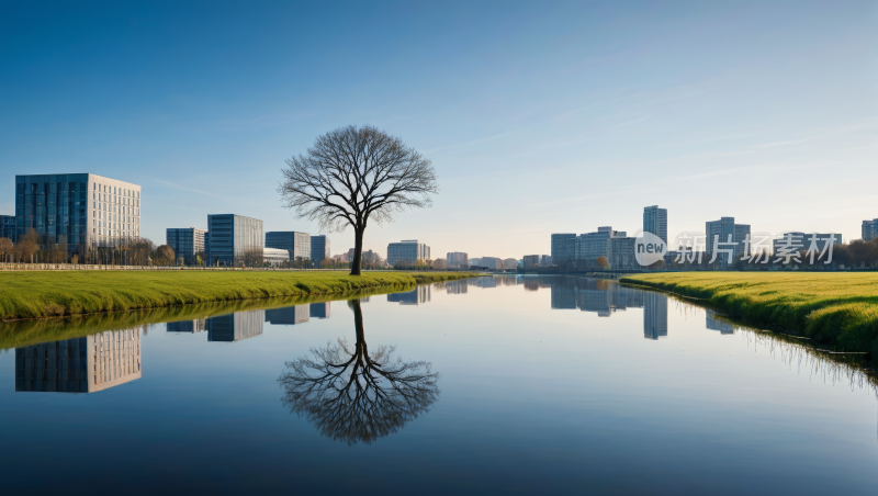 城市公园内一棵树和一条河的粗略景色图片