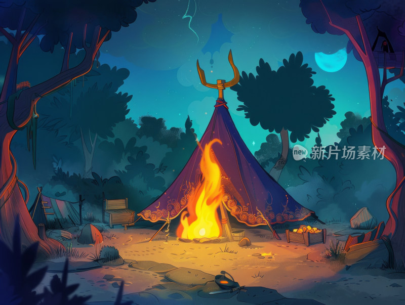 夜幕下的露营地篝火