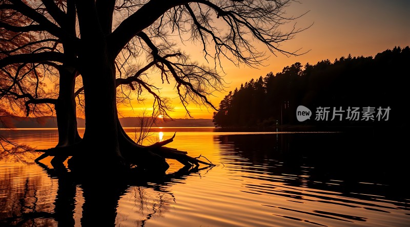 湖畔夕阳映照下的孤树剪影