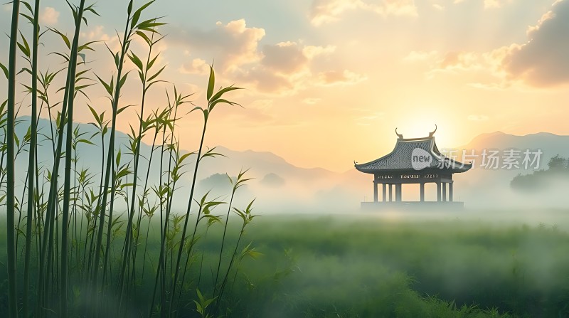 晨雾中的古亭与翠竹