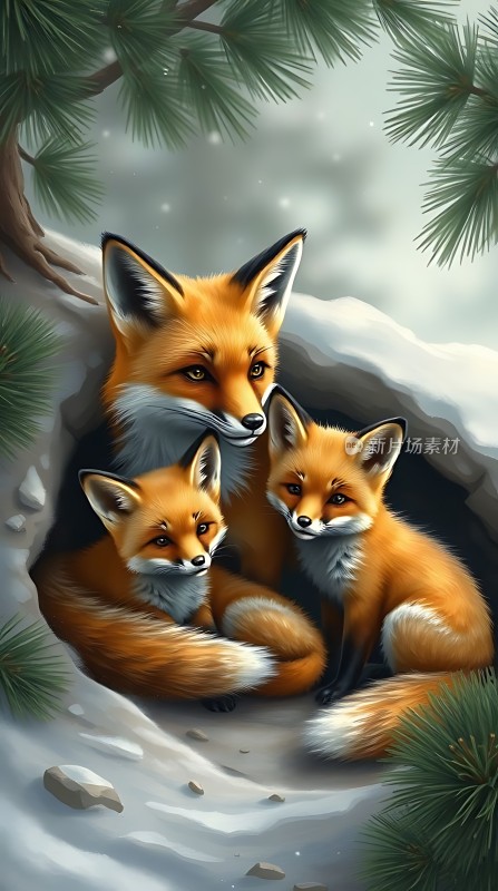 雪地三只狐狸温馨依偎