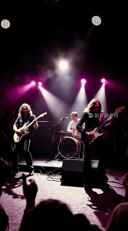 摇滚乐队现场演奏舞台灯光璀璨观众热情高涨