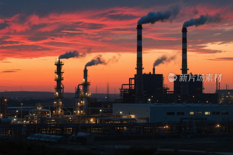 工业厂区黄昏烟囱景象