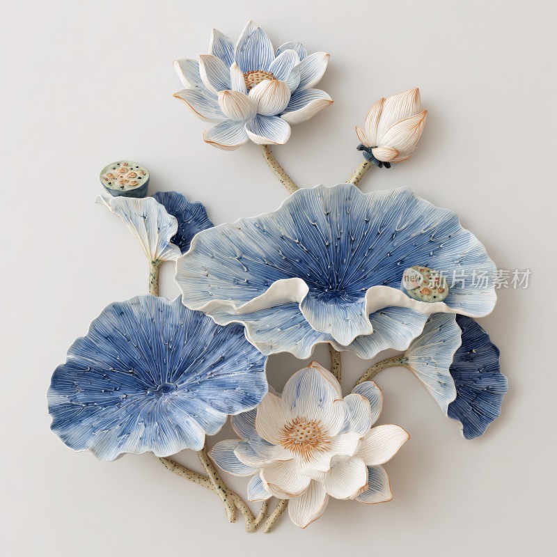蓝白陶瓷荷花装饰摆件