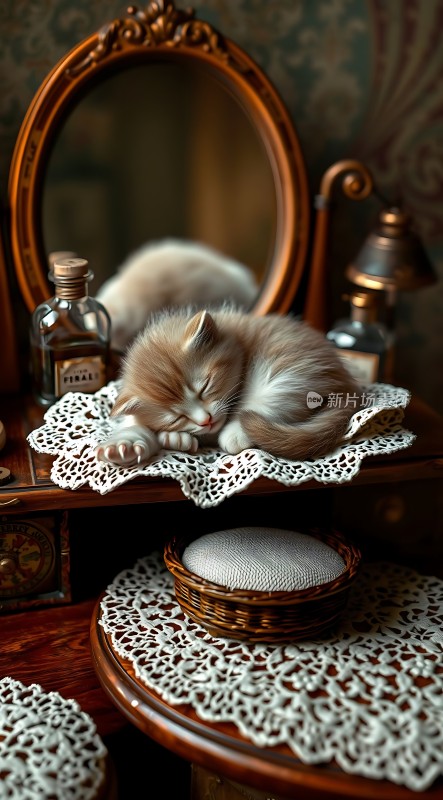 小猫在古董梳妆台上的温馨梦乡