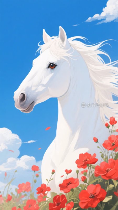 蓝天白云下的白马与红花