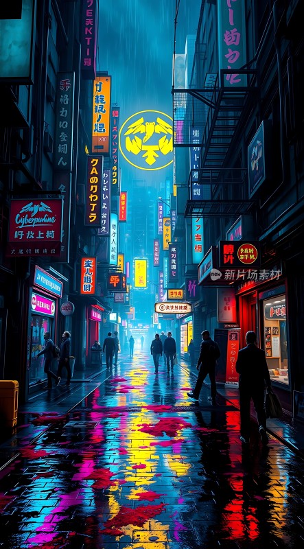 霓虹灯下的雨夜街头