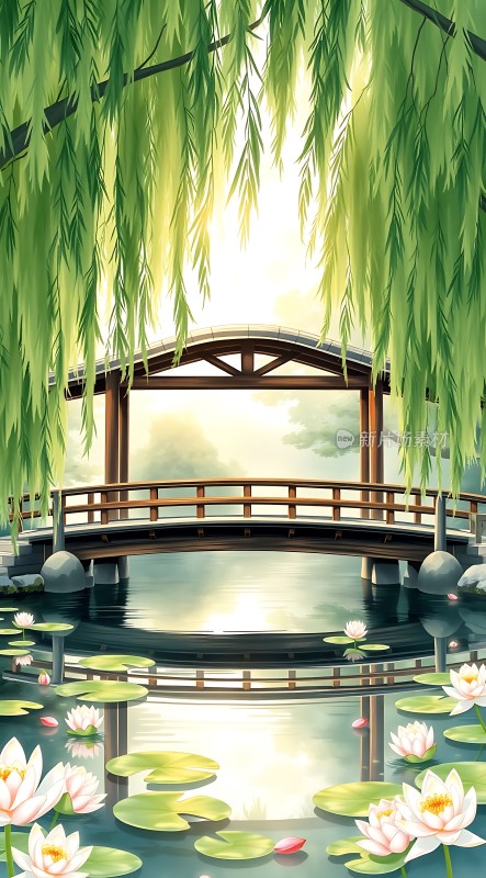 湖畔柳桥映荷花