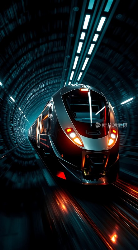 高速列车穿行隧道未来科技感十足