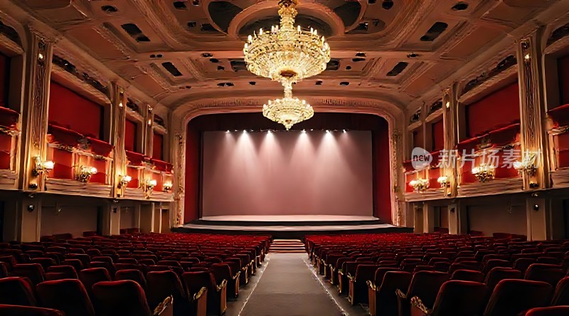璀璨剧院华丽舞台红色座椅金色吊灯