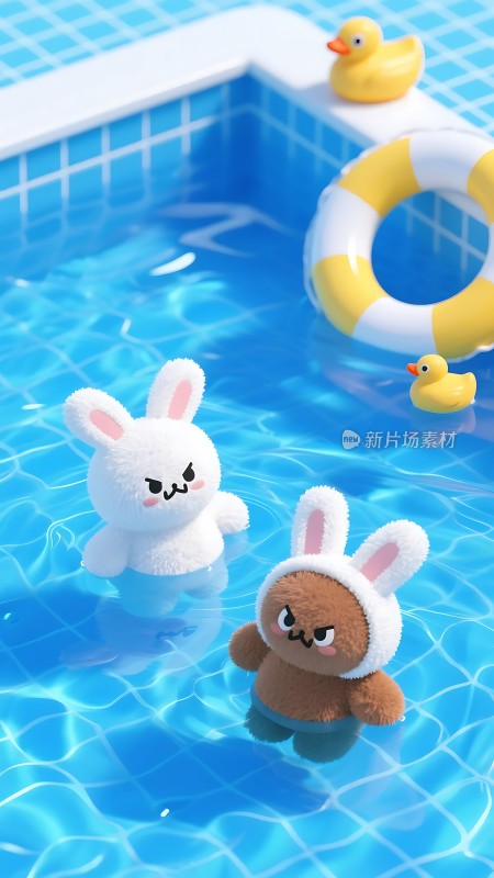 泳池里的可爱兔子玩偶和黄色小鸭
