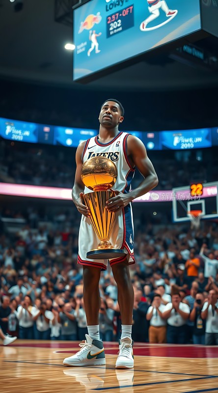 湖人队球员手持奖杯观众欢呼庆祝胜利