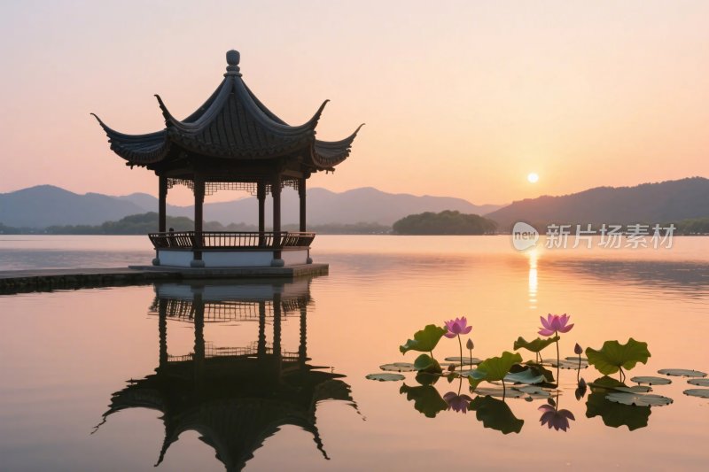 湖边古亭风景图