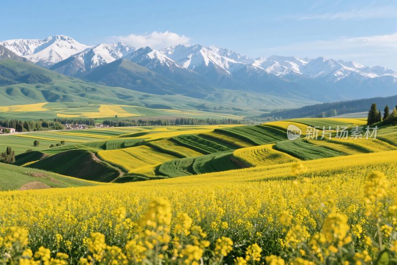 田园雪山花田风景
