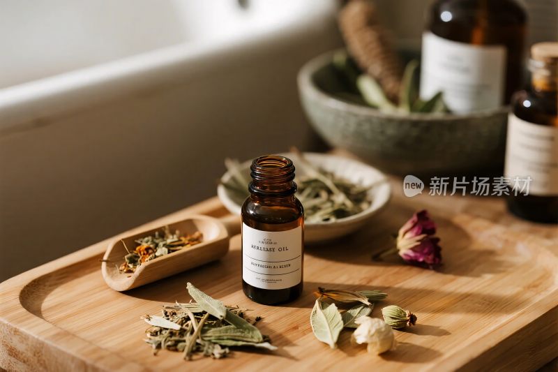 木制托盘上的精油与草本植物