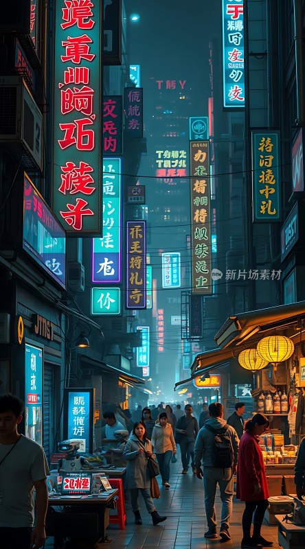 霓虹灯下的繁华夜市