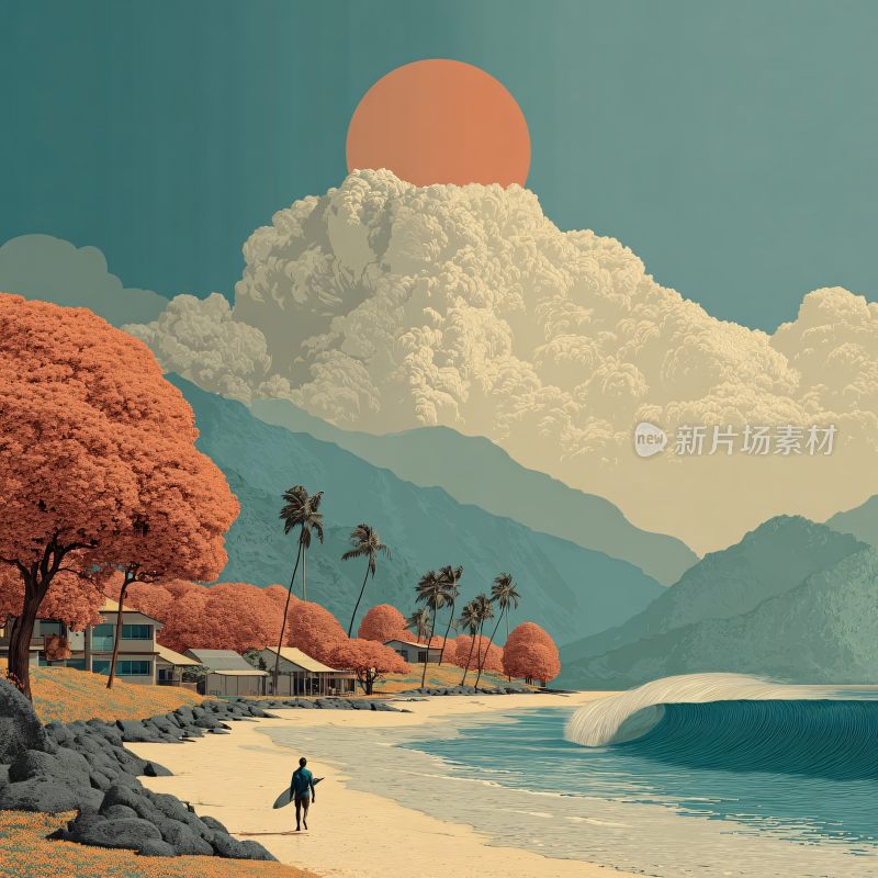 海边日落风景插画