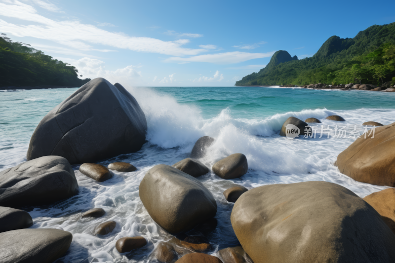 海滩上的岩石上一股巨浪拍打着风景风光图片