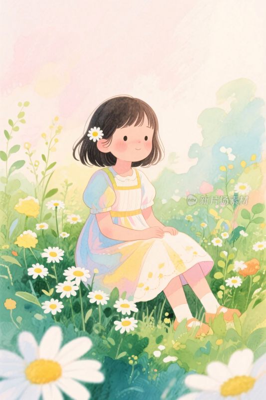 女孩坐花丛插画