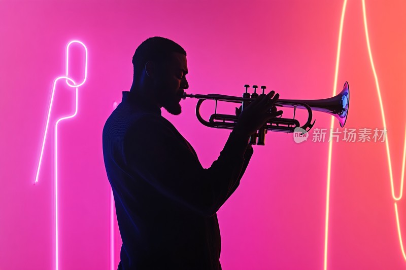 吹小号的男子霓虹剪影