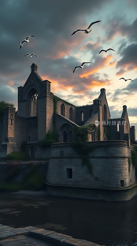黄昏下的古城堡与飞翔的海鸥