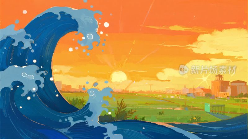 海边夕阳下的汹涌海浪插画